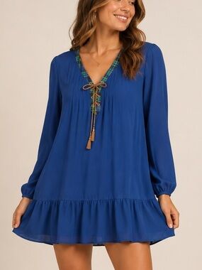 NY Collection Boho Long Sleeve Plaid Trim Tassel Dress Blue Petite Large